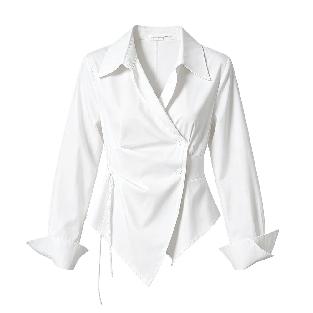 Ladies' Vertical Striped Lapel Long Sleeve Blouse Mid Length Pleated Waist Cinched Shirt Skirt Tops 1PCS