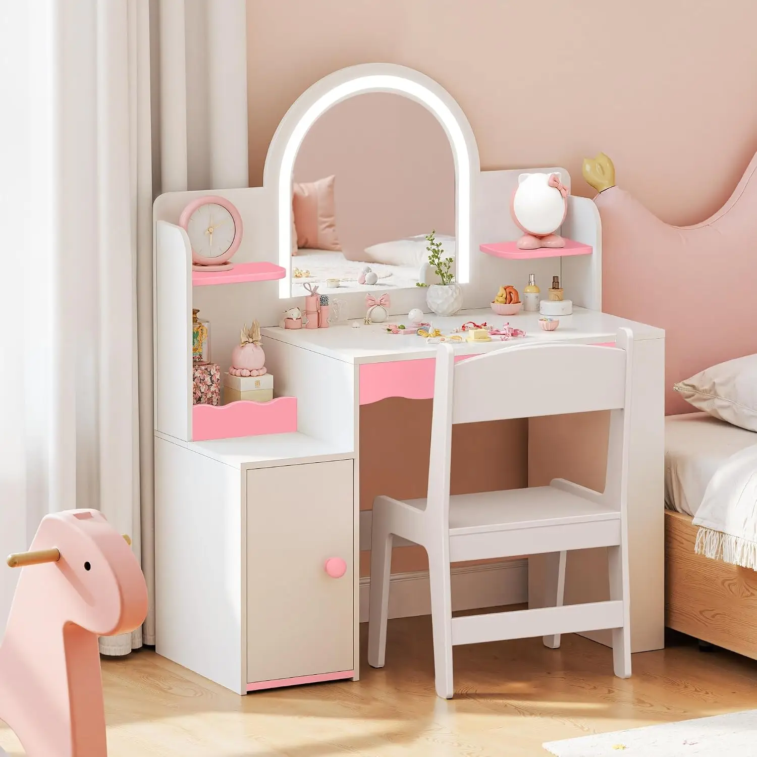 Kids Vanity with LED Mirror & Chair Storage White Pink, Dress-Up Station for Bedroom Playroom, Customized