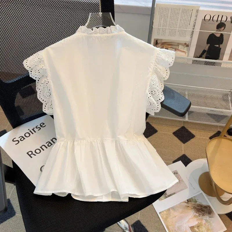 Women\'s Flying Sleeve Blouse, White Shirts, Vintage Sleeveless Ruffled Lace Tops, Elegant Casual Sweet Clothes, Summer, 27709