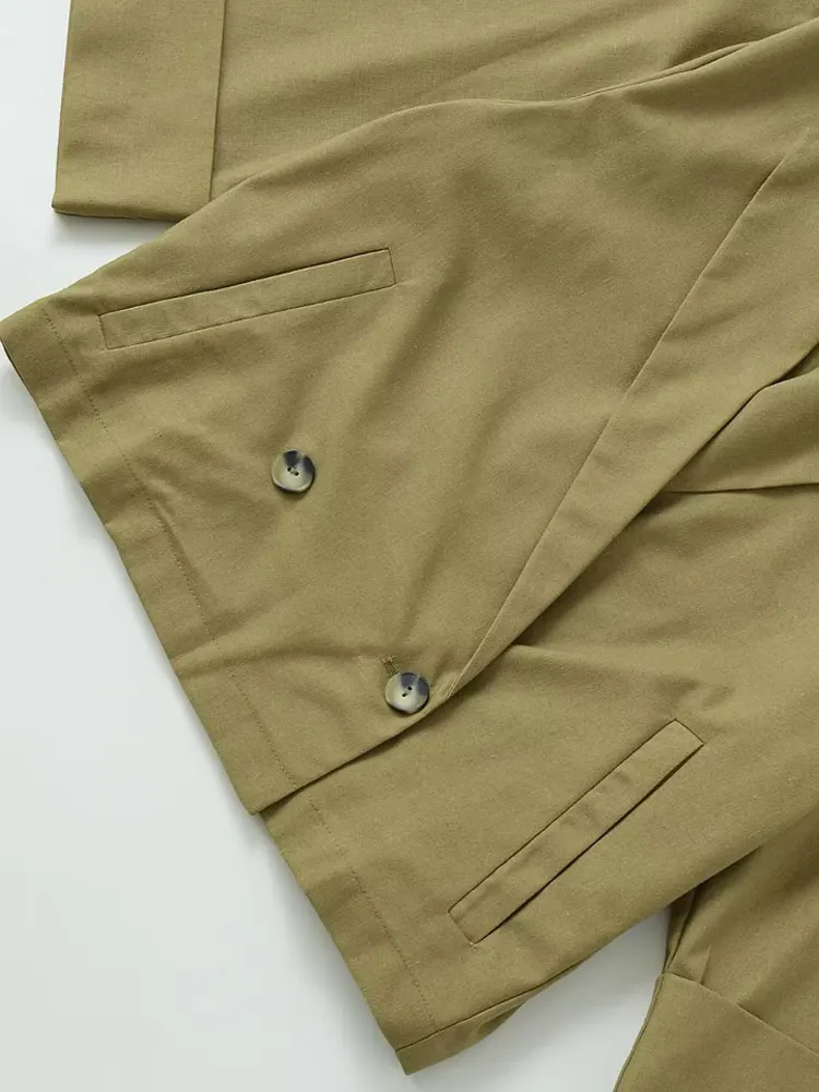 سترة نسائية فضفاضة مزدوجة الصدر من الكتان بأكمام قصيرة وجيوب ملابس خارجية أنيقة للنساء #4