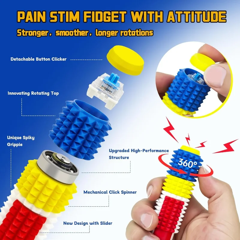 Little Ouchies Spiky 5 In 1 Rotate Press Click Push Hand Fidget Sensory Toy For Kids Adults Stress Relief Game Gift Present