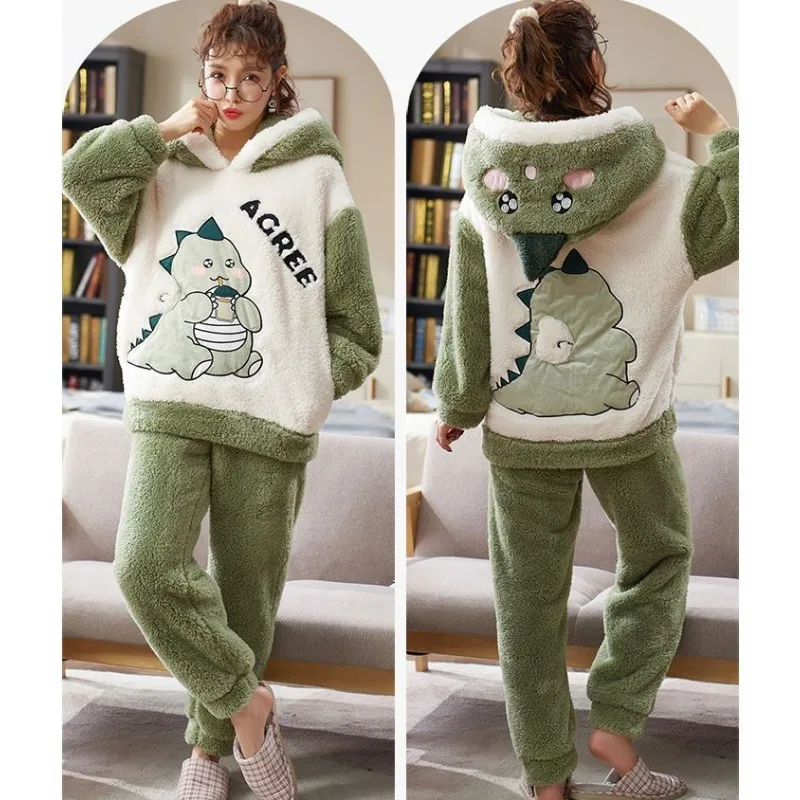 2023 Women\'s Flannel Pajamas Ladies Set Coral Fleece Student Loungewear Cute Long Sleeve Thick Spring Autumn Winter Homewear