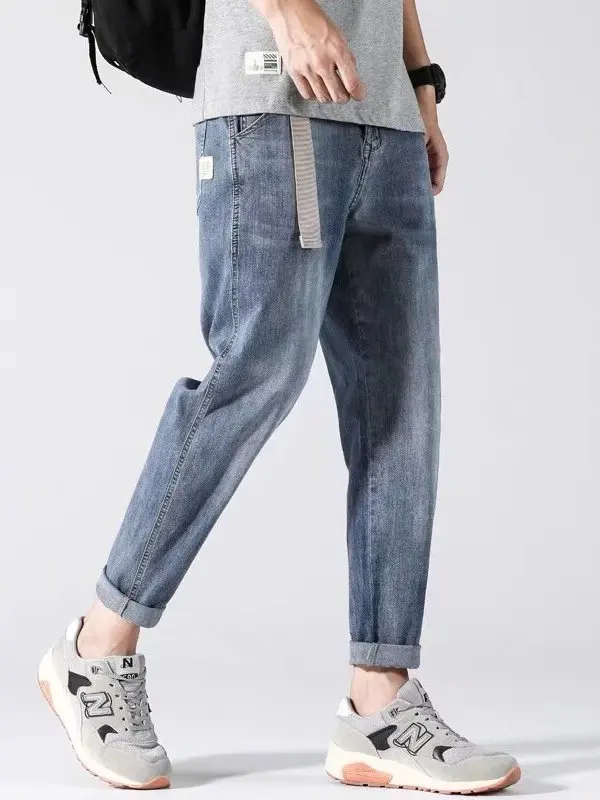 

Slim Fit Straight Leg Jeans Men's Spring Autumn Trendy Elastic Light Blue Versatile Haome Korean Sle Nine Point Pants