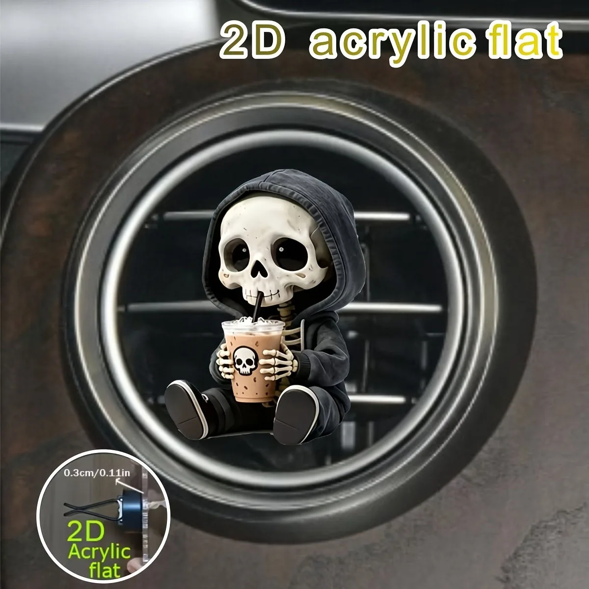 2D Flacher Totenkopf Milchtee Lüftungsdekor, Lustiges Auto-Innenzubehör, Halloween-Must-Have-Ornament – Detail 2