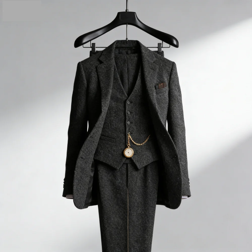 

Мужской костюм с цифровым принтом, 2 пуговицы, комплект из 3 предметов, серый, винтажный, с узором «рыбья кость», для свадьбы.