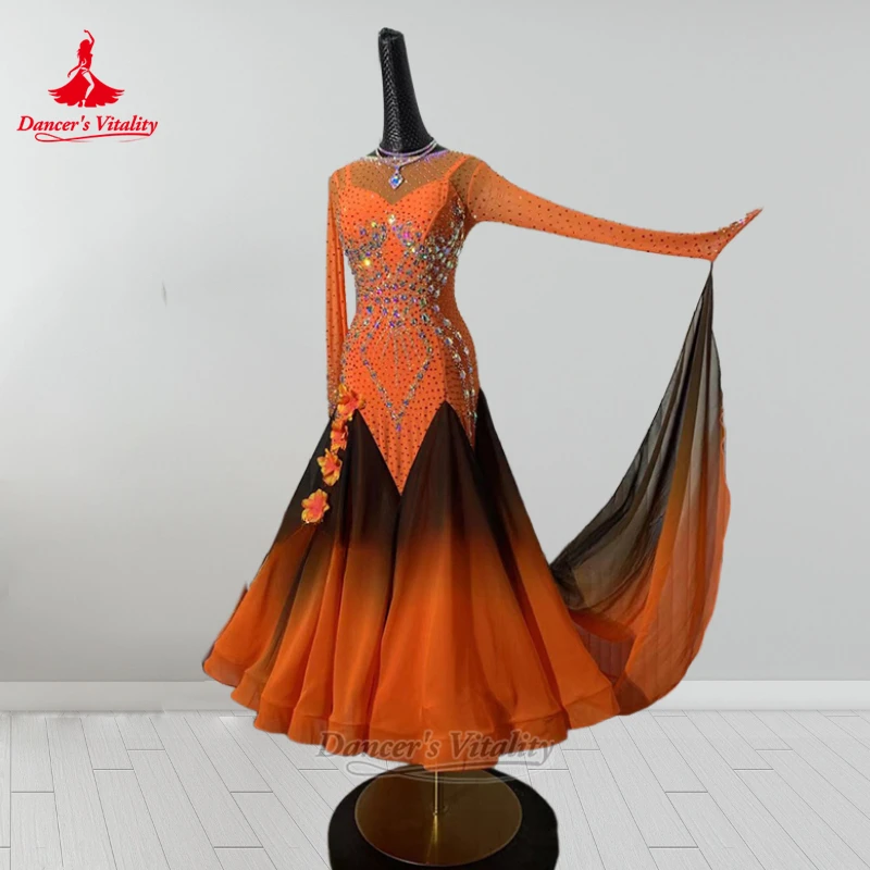 Adult Black-orange Gradient Color V-back Ballroom Dance Dresses Customize Women Waltz Foxtrot Contest Clothing Dancer's Vitality
