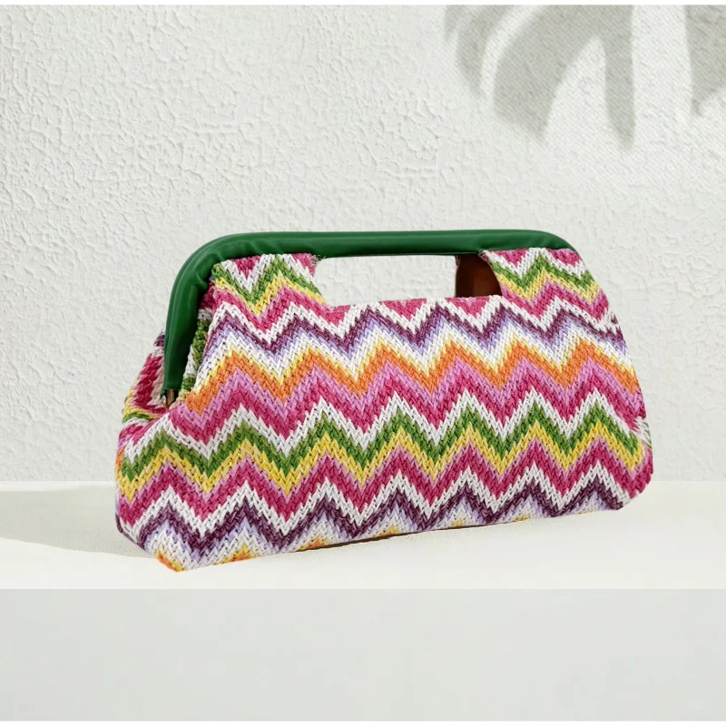 Handtasche mit Obergriff, Clutch aus gewebtem Stroh, Hobo-Tasche in Ahornblatt-Farbblock-Design, Damen-Sommermode-Abendtasche mit Farbkontrast – Detail 22