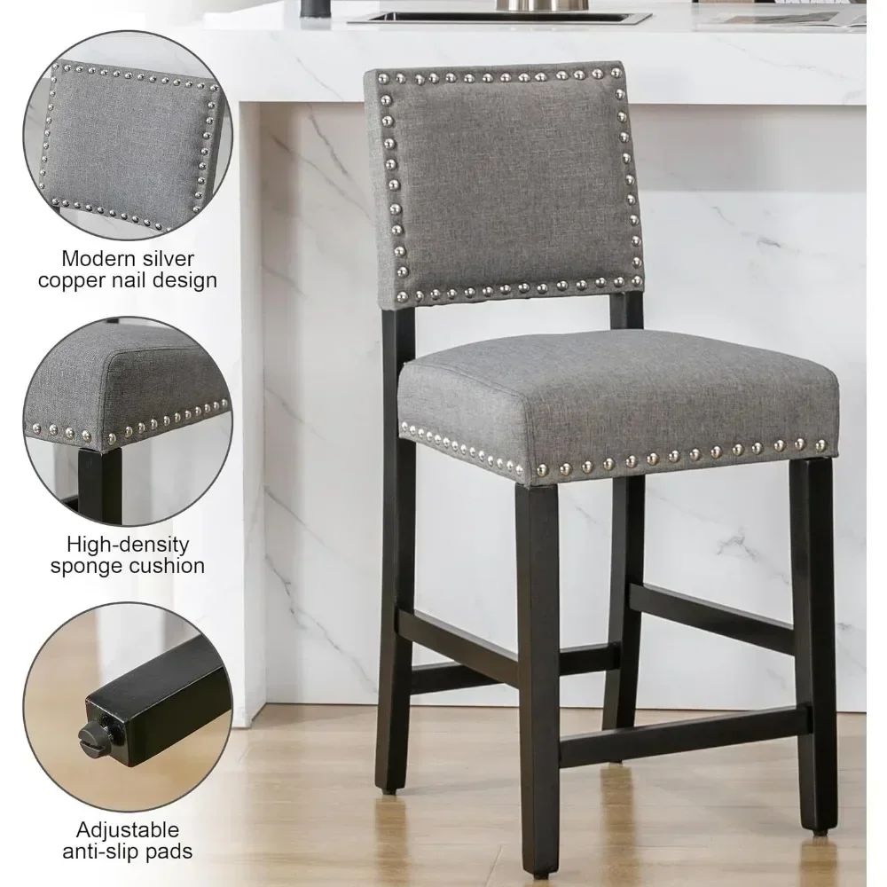 24 inch Bar Stools Set of 4,Counter Height Stool,Fabric Upholstered Barstool with Back and Wood Leg,Armless Dining Chairs (Gray)