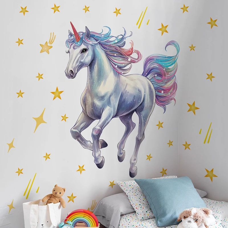 Cartoon Meteor Rainbow Unicorn Wall Sticker DIY Vinyl Gold Stars Decals Self-adhesive for Kids Room Baby Room Nursery Wall Decor view 2