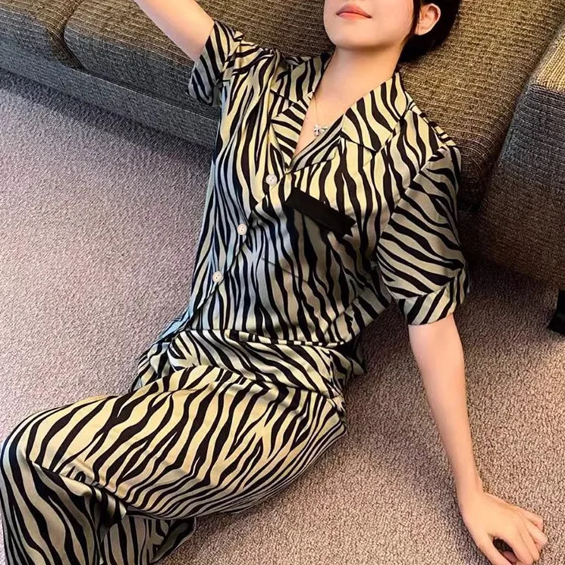 Women Pajamas Set Zebra Striped Sleepwear 2 Piece Pyjama Faux Silk Satin Homewear Short Sleeve Button Pijama Lounge Pants Pjs