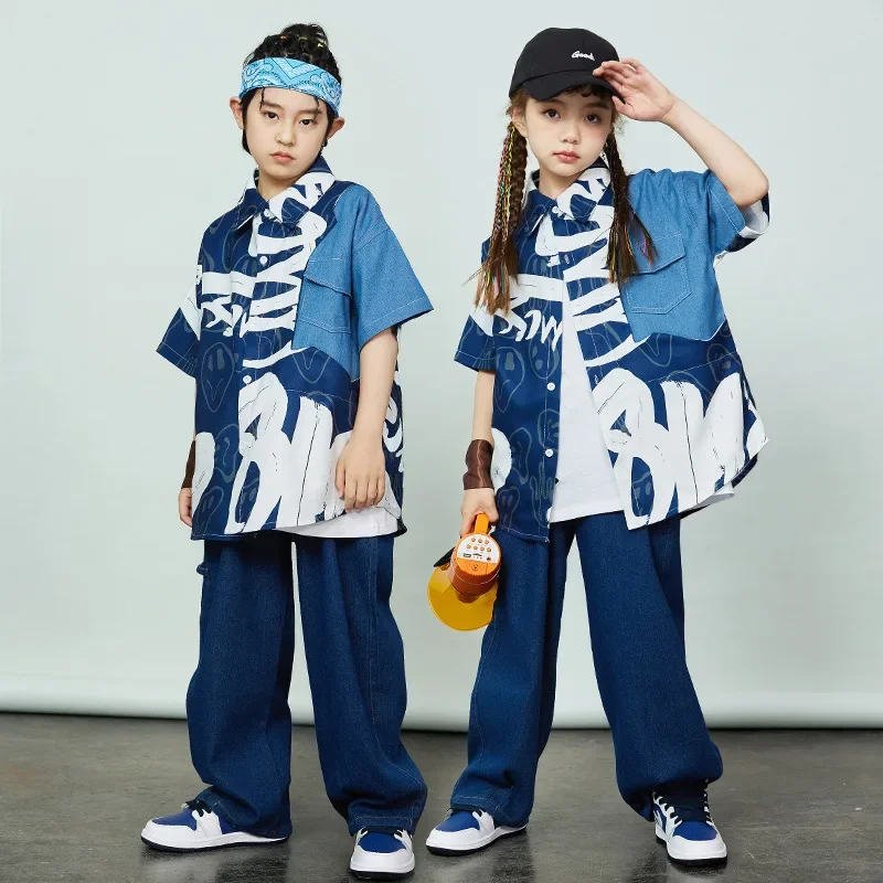 เด็กStreetwearชุดเด็กHip Hopเครื่องแต่งกายGraffitiกางเกงยีนส์เสื้อกางเกงหลวมสําหรับสาวStreet Danceเด็กแจ๊สเสื้อผ้า