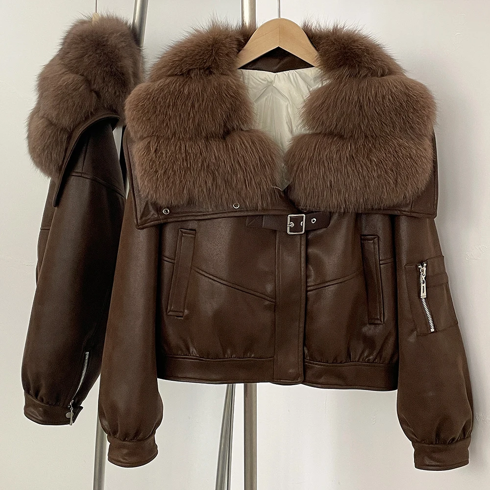OFTBUY Vera Pelliccia Collo in pelliccia di volpe naturale Giacca corta in pelle scamosciata Abbigliamento invernale da donna Piumino soffice Cappotto spesso in piumino d'anatra femminile