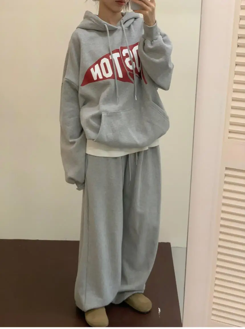 

Cool Spicy Casual Sweatirt Set Women's Autumn Winter Fce Trendy Letter Print Loose Top Sweatpants Two Piece Set