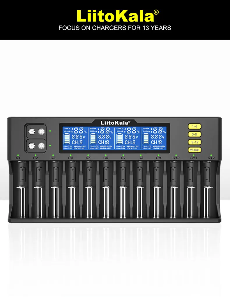 LiitoKala Lii-S12 Smart-Ladegerät 12-Slot LCD Auto-Polarität 18650 21700 26650 32650 Li-ion LiFePO4 NiMH AA AAA 9V Batterie 12V 4A – Detail 1