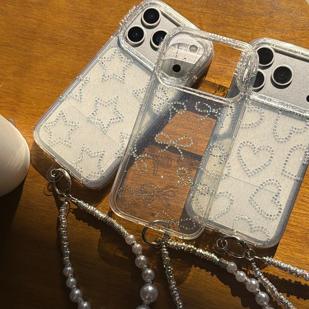 

Усовершенствованный простой позолоченный бантик Love Stars с блестками и цепочкой из бисера, противоударный чехол для телефона для iPhone 17, 16, 15, 14 Pro Max