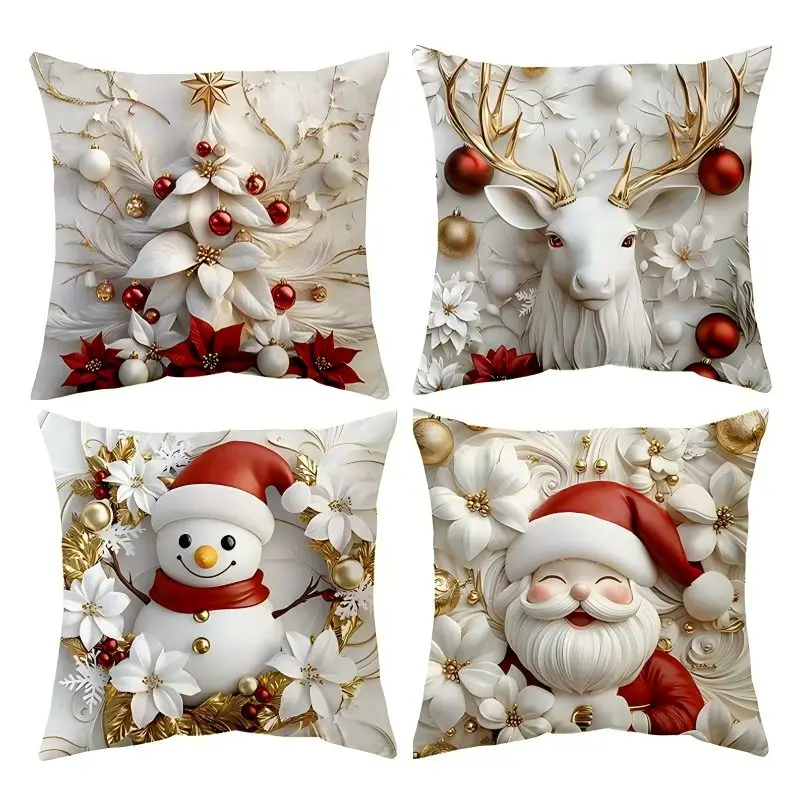 2D Christmas Pillow Cover Happy 2026 New Year Living Room Decorations Xmas Home Decor Christmas Characters Floral Pattern Pillow