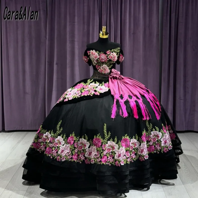 Charro Black Quincenara Dresses Applique Velvet Vestidos De QuinceaƱera 2024 Sweet 16 Prom Gowns Pageant Dress