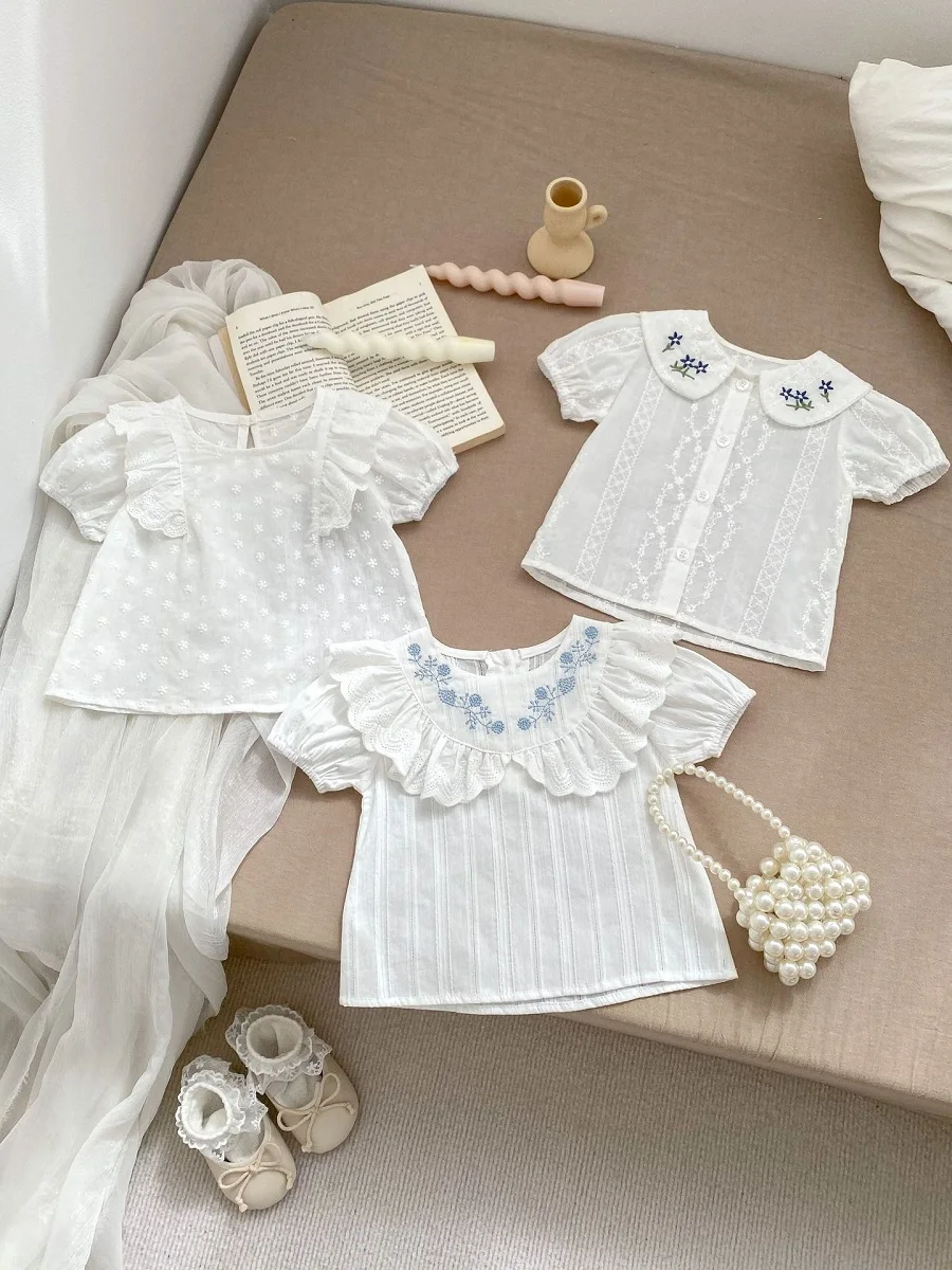 

Cute Baby Girl T-shirt 0-3Years Newborn Princess Short Sleeve Embroidery Flower Peter Pan Collar Cotton Shirt Summer Clothes