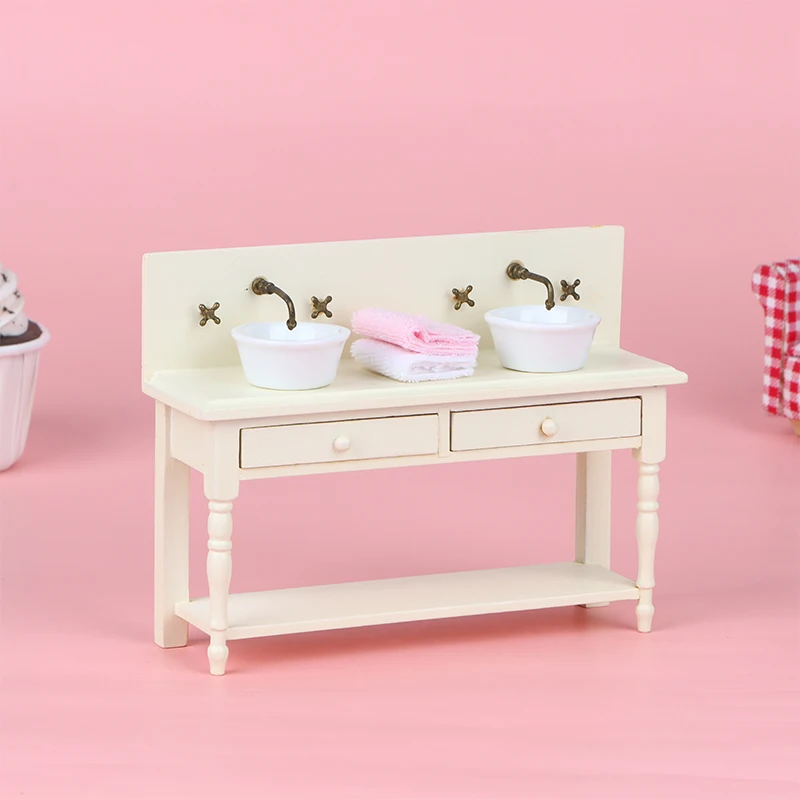 1:6 1:12 Dollhouse Miniature Wooden Bathroom Sink Cabinet Kitchen Wash Basin Drawer Furniture Model Decor Toys Accessory