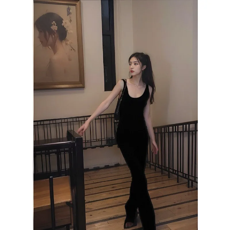 Combinaison noire élastique en forme de U pour femmes, col sans manches, bretelles, dos nu, pantalons longs décontractés, nouvelle collection printemps et été