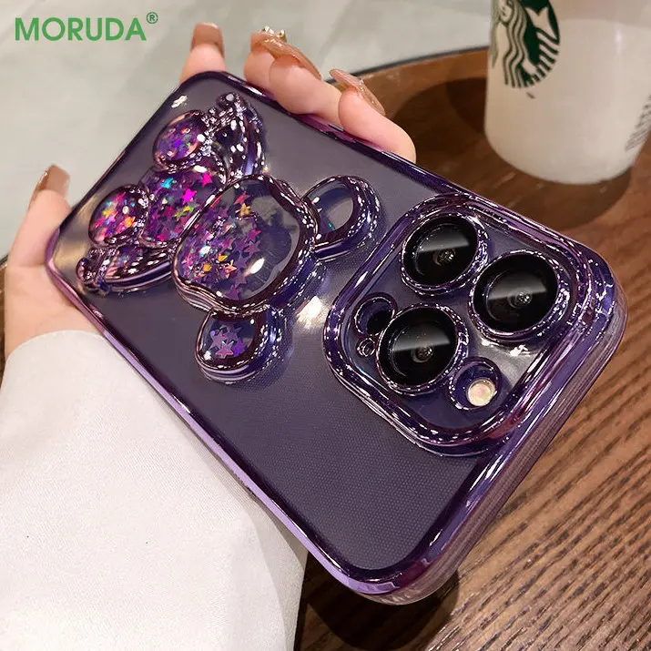 Cartoon Bear Quicksand Case for iPhone 11 12 13 14 15 Pro Max 7 8 Plus XR X Xs Max Lens Protective Film Clear Shockproof Cover