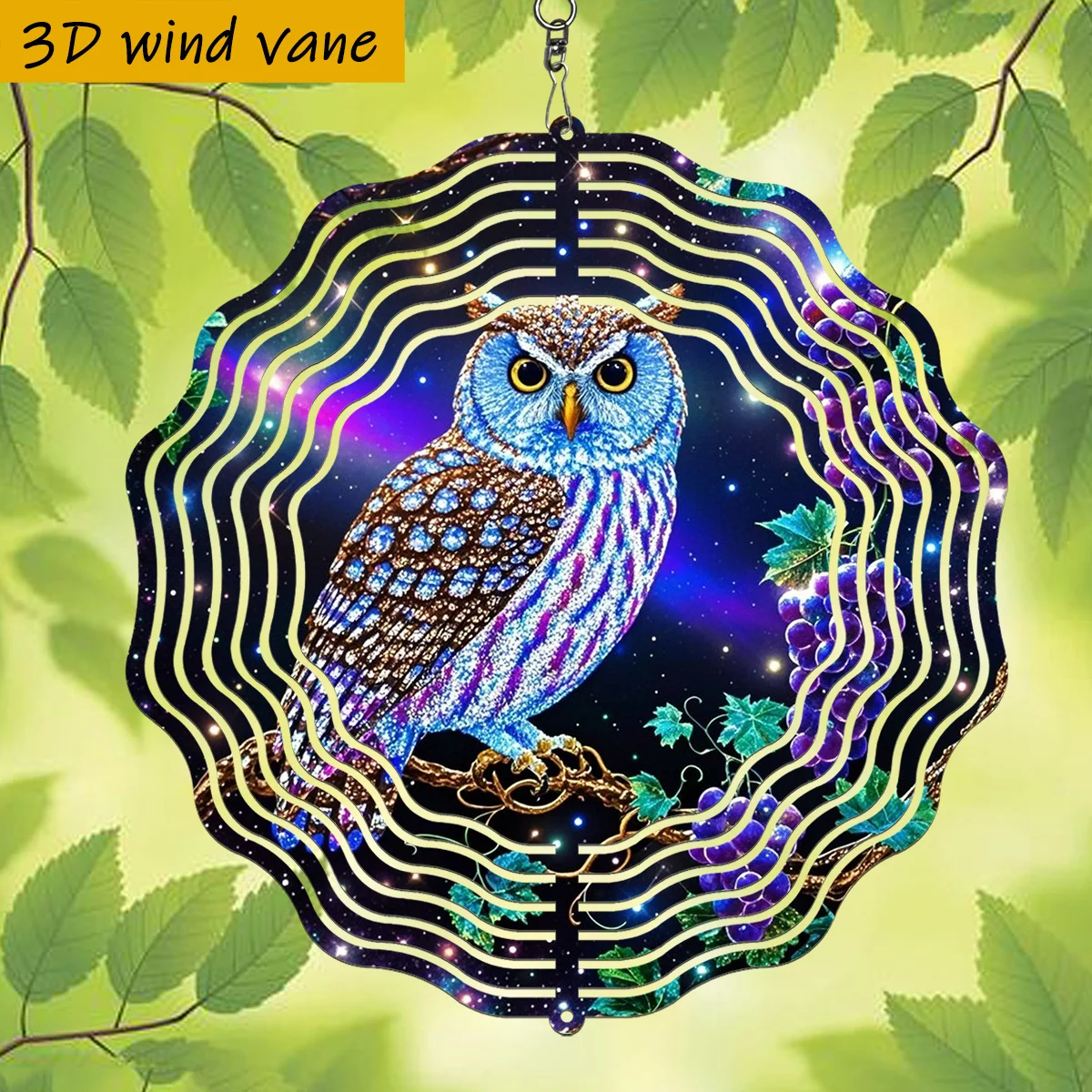 CIFbuy 3D Spinning Wind Spinner Garden Decor, Rotating Wind Chime with 360° Hook, Shiny Kaleidoscope Owl Outdoor Patio Ornament