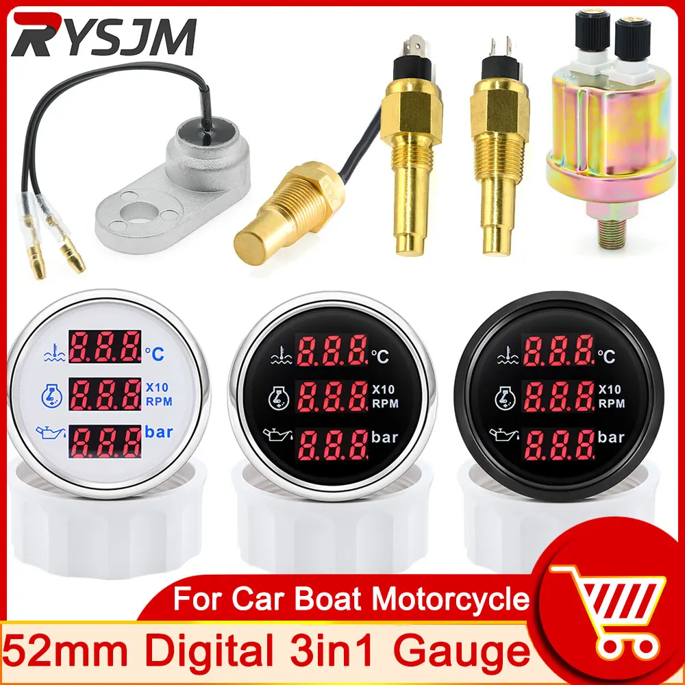 

52mm 3in1 Tachometer Water Temperature Gauge Oil Pressure Gauge With Alarm Temperature Sensor NPT 1/8 RPM Sensors 16MM 18MM
