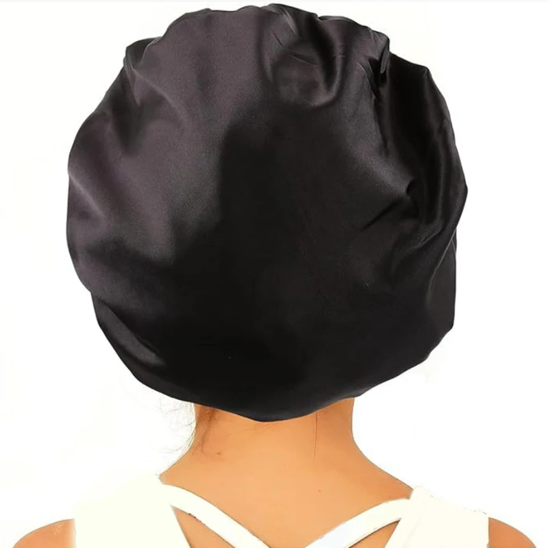 3 Stück Breitrandige Elastische Damen-Schlafmütze aus Satin, Nachtmütze, Haarschutz, Duschhaube für Bad und Sauna – Detail 9