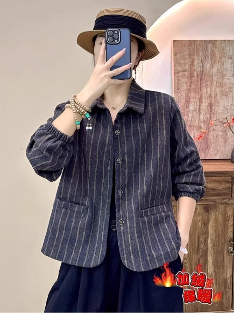 

Осень/зима женская флисовая рубашка 2025 арт ретро полосатое свободное пальто с длинным рукавом короткая куртка повседневный топ W1033