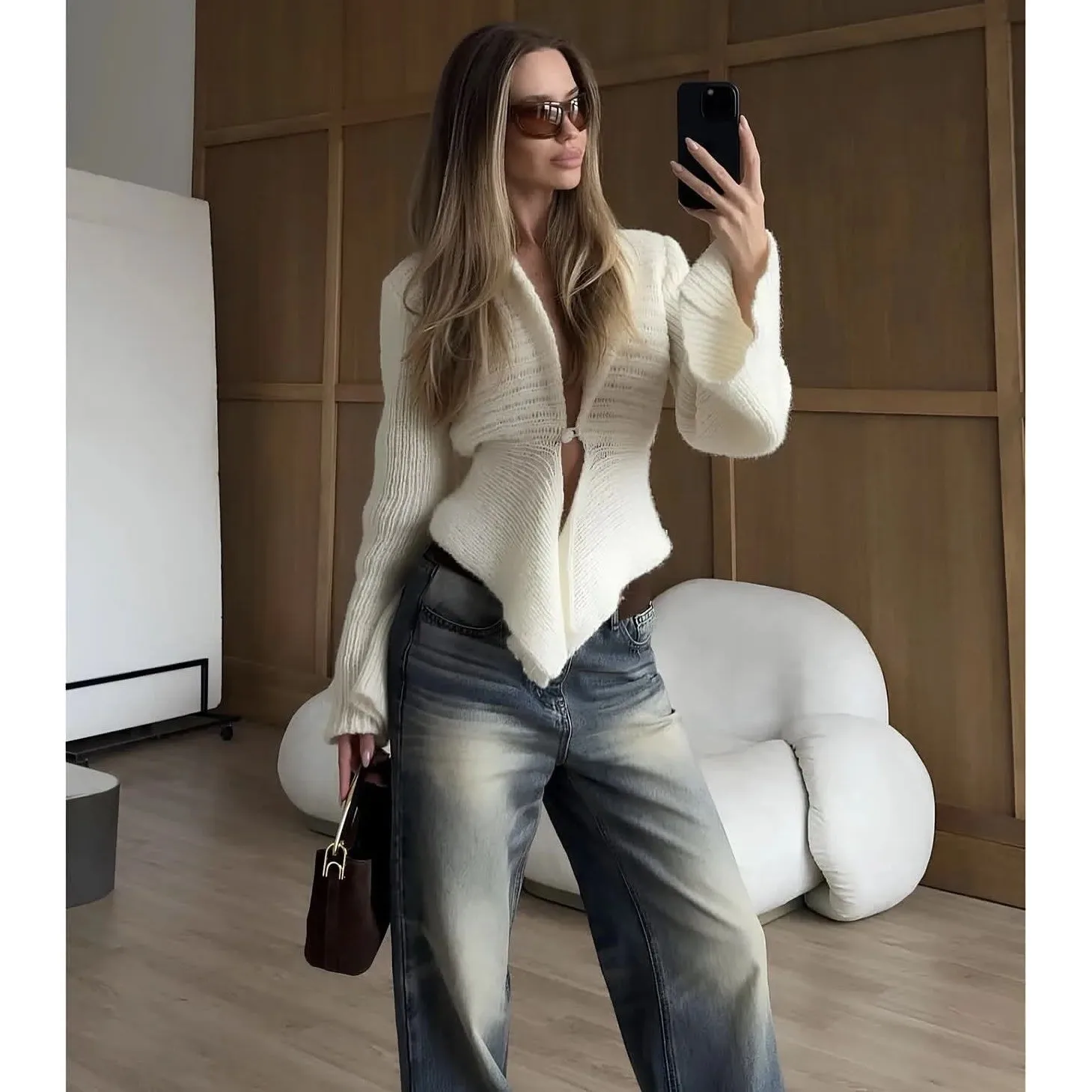 

Autumn Knit Cardigans Coat Women Hollow out LongSved Cleanfit Sle Winter Faion Ladies Sweater Thiened Fake Two-Piece