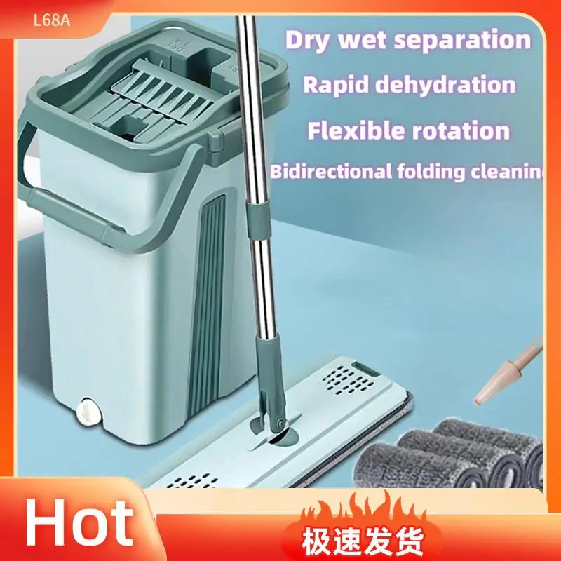 L68A Flat Squeeze Mop With Bucket Hand Free Wringing Floor Cleaning Mop Microfiber Mop Pads Wet Or Dry Usage On Hardwood