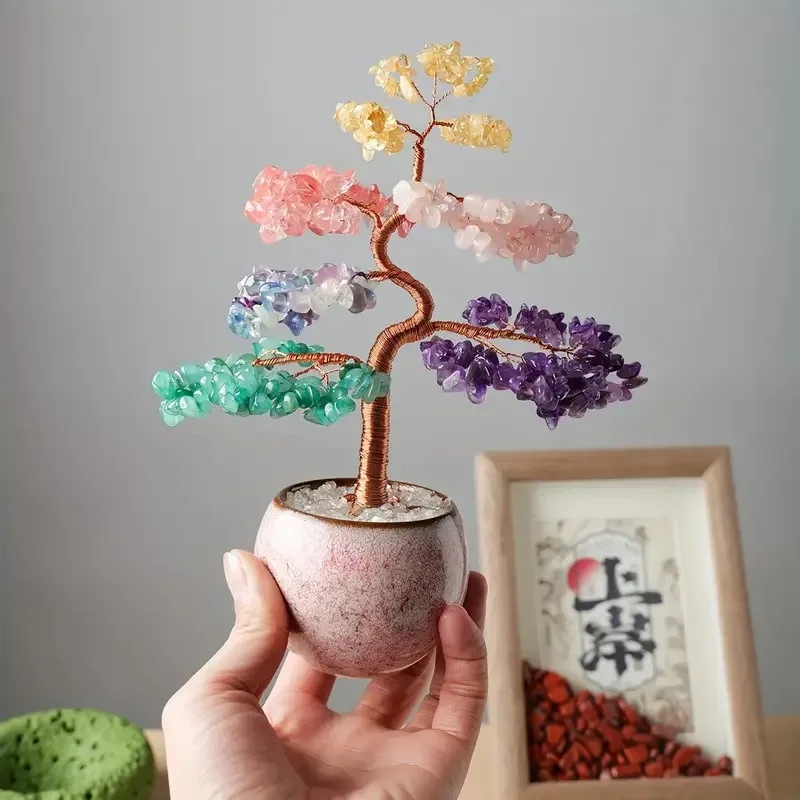 Colorful gravel cash cow, hand-woven crystal tree, office desktop decoration ornament