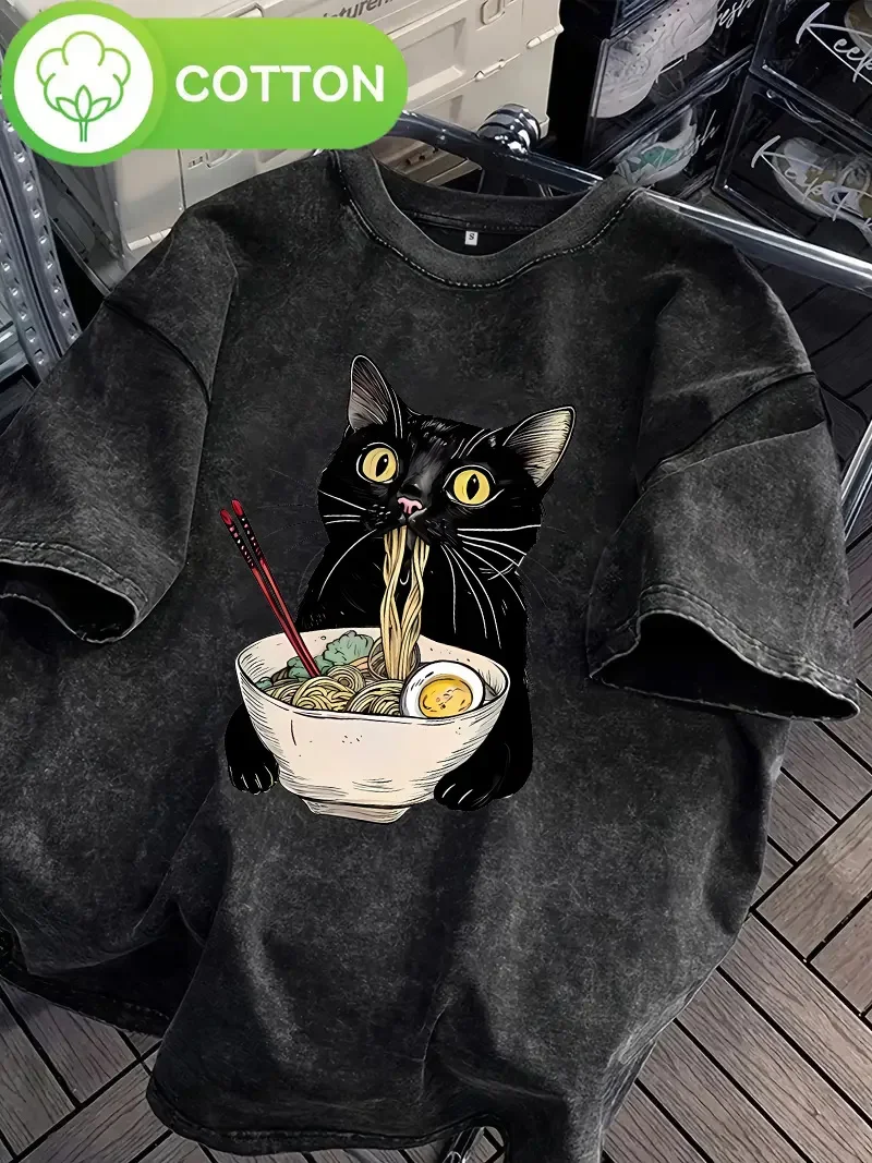New Unisex Hip Hop T Shirt Vintage Washed 100% Cotton T-Shirt Black Retro Cat Eating Ramen Graphic Tee Casual Streetwear