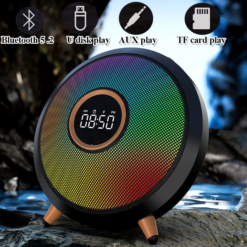 

Portable Clock Bluetooth Speaker RGB Ambient Light Subwoofer Wireless Handsfree Call Music Player Support Alarm Clock USB TF AUX