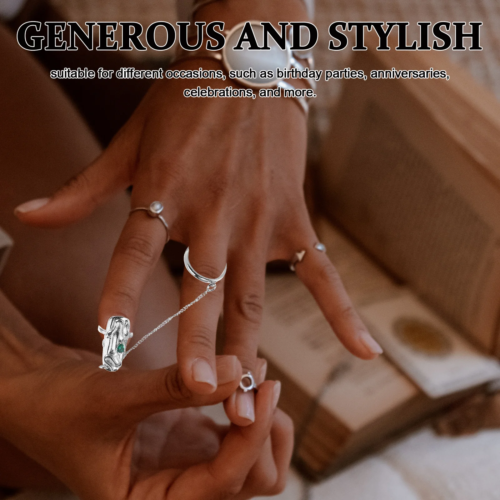 Retro Emerald Green Nail Ring Fingertip Chain Stylish Finger Jewelry Elegant Cool Rings for Women Birthday Celebration