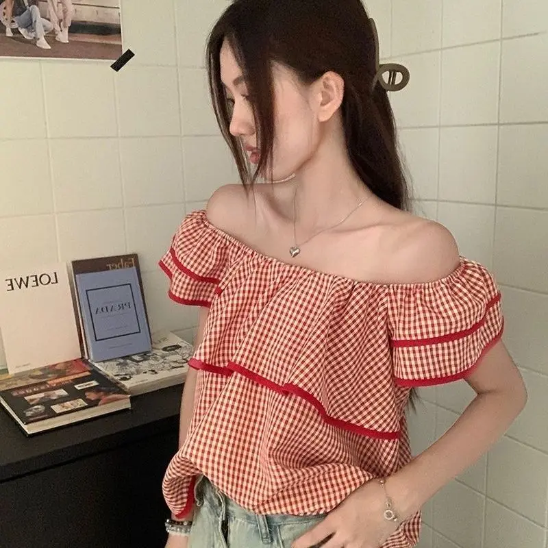 Summer New French Versatile Square Neck Fashionable Plaid Women\'s Short Sleeved Shirt Loose Casual Young Style Lady Short Top