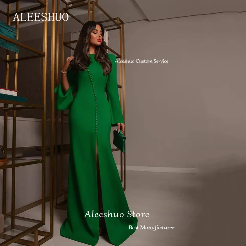 Aleeshuo Modern Green Mermaid Sheath Prom Dress Sexy High Slit Long Sleeve Evening Dress Scoop Neck Floor-Length Cocktail Dress