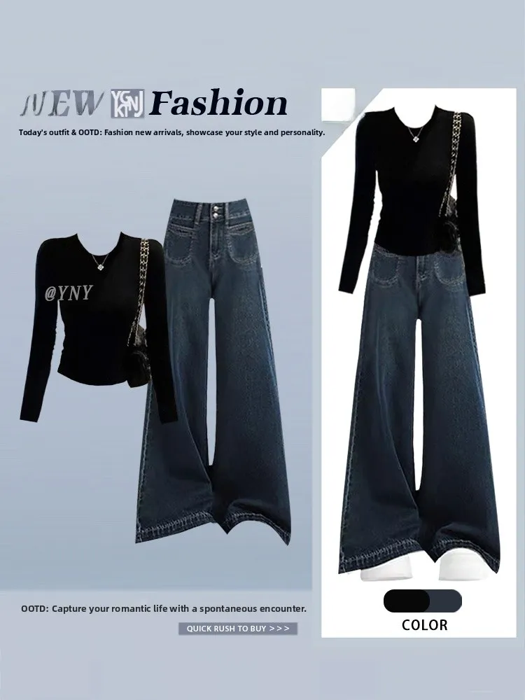 

Ele Bla Long Sve футболка женский комплект джинсов с высокой талией и широкими штанинами с эффектом похудения повседневная мода осень новое поступление