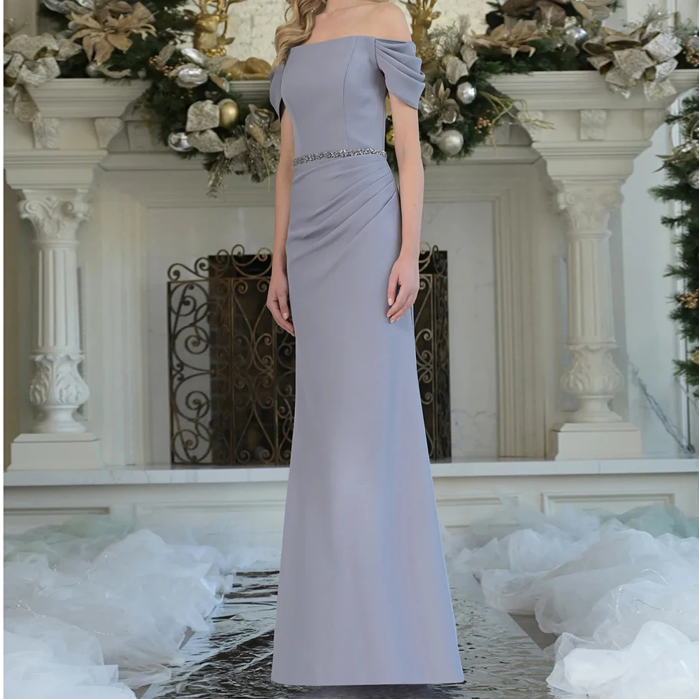 

Customized Mermaid Evening Dresses Floor-length Off The Shoulder Sleeveless Prom Gown Fashion Crystal Pleat Backless Party Gown