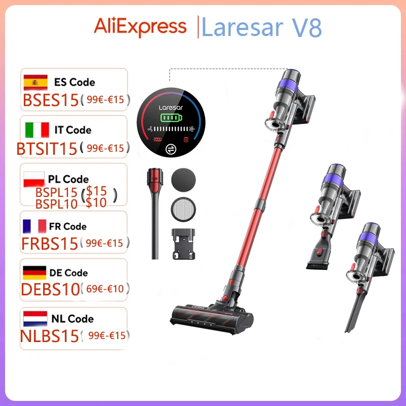 LARESAR V8 48Kpa 500W Aspirapolvere senza fili Elite 8 Auto 60 minuti Elettrodomestico Batteria rimovibile senza fili NUOVO Motore Brushless