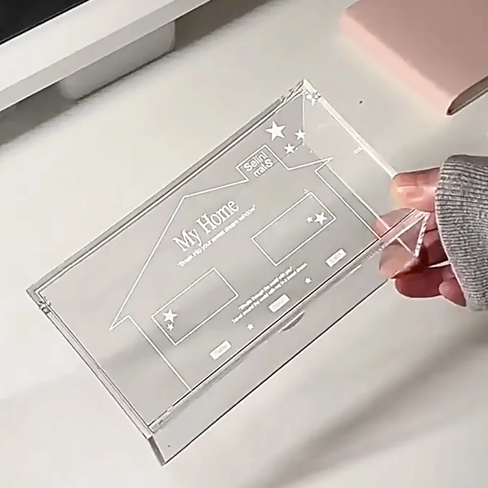 

Ins Clear Aesthetic Acrylic Organizer - My Home Desktop Case for Cards, Stickers & 4-Photo Card, 3" × 4" Storage W/ Hinged Lid