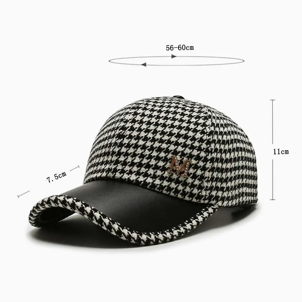 Black Metal Buckle Streetwear Khaki Coffee Embroider Pu Leather Brim Korean Style Hat Face Cap Houndstooth Baseball Cap