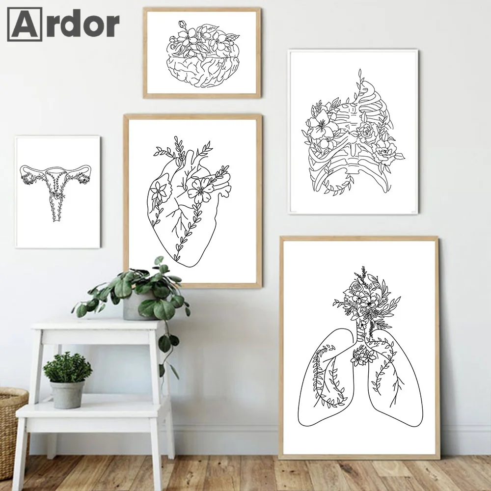 Human Organs Canvas Painting Black White Minimalist Plants Heart Poster Anatomy Line Print Wall Art Picture Doctor Student Gift