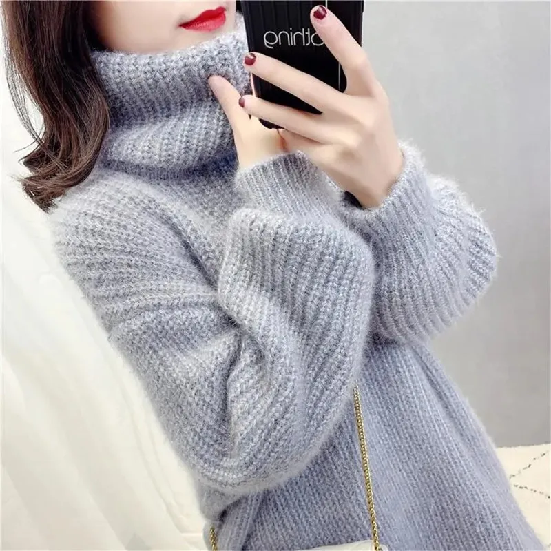 Fashion Autumn Winter Turtleneck Knitted Dress Red Gray Apricot Casual Sweater Dresses Thicken Long Sweater Pullover Female