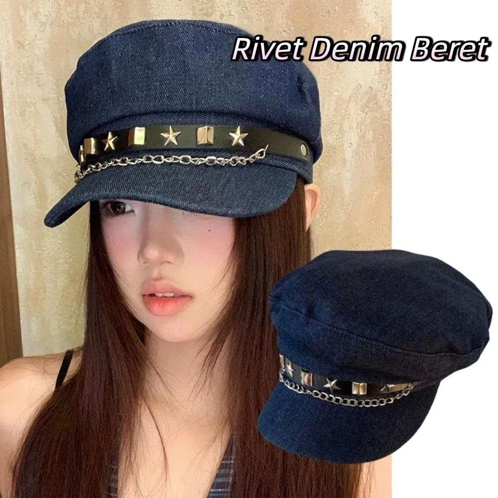 

Retro Cloth Rivet Denim Beret Korean Style Newsboy Cap Denim Octagonal Hat Artist Hat Cotton Retro Painter Hat Autumn