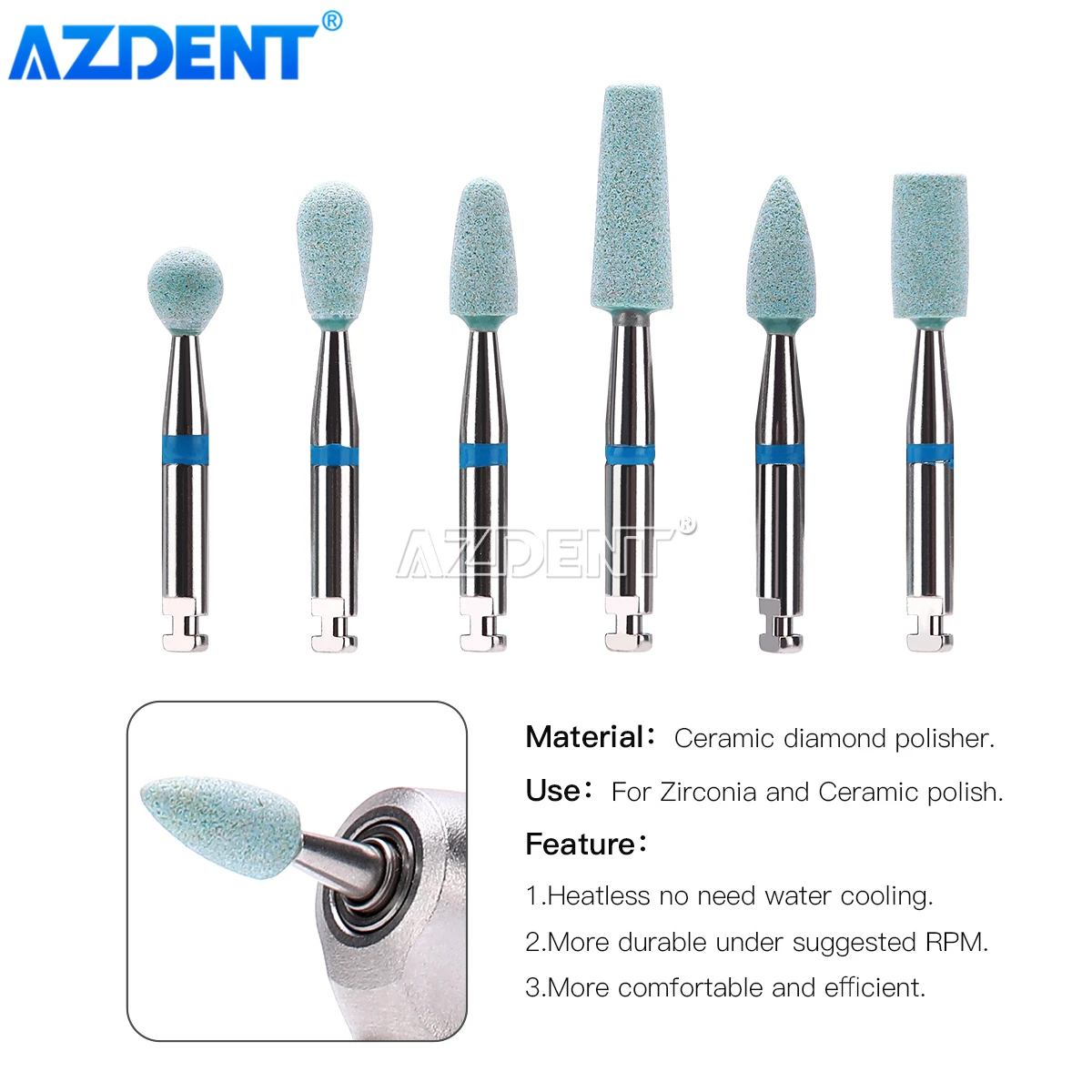 Dental RA Ceramic Bonded Grinder with Diamond AZDENT Polishing Head Polisher Zirconia  Porcelain Coarse for RA 2.35mm Handpiece