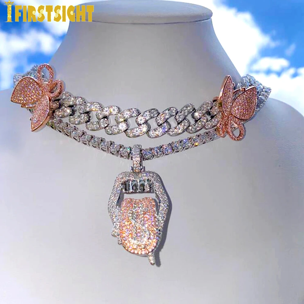 

New 12mm Cuban Chain Necklace Iced Out Bling 5A CZ Pendant With Butterfly Charm Choker For Women Luxury Hiphop Fashion Jewelry