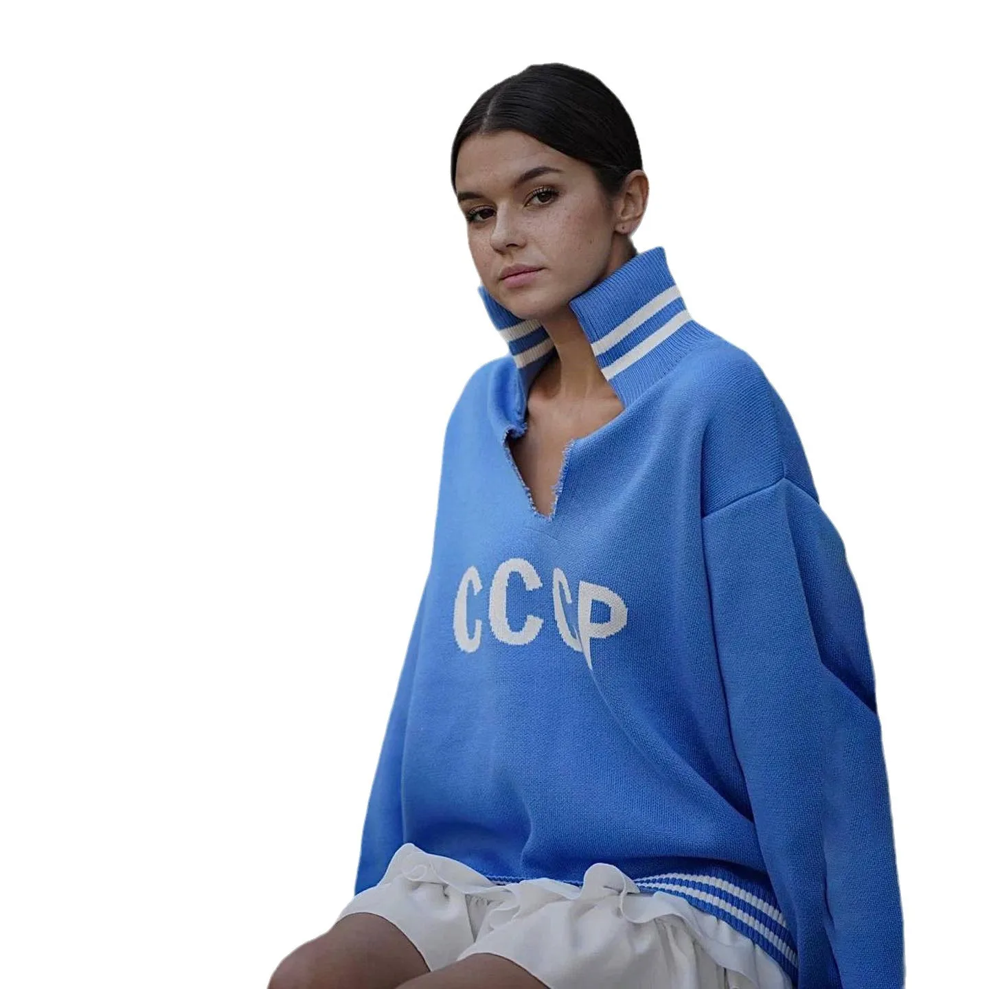 2025 رسالة متباينة اللون سترة برقبة على شكل v المرأة الشتاء الراقية الشعور فضفاضة ومتعددة الاستخدامات المرأة محبوك المرأة #5