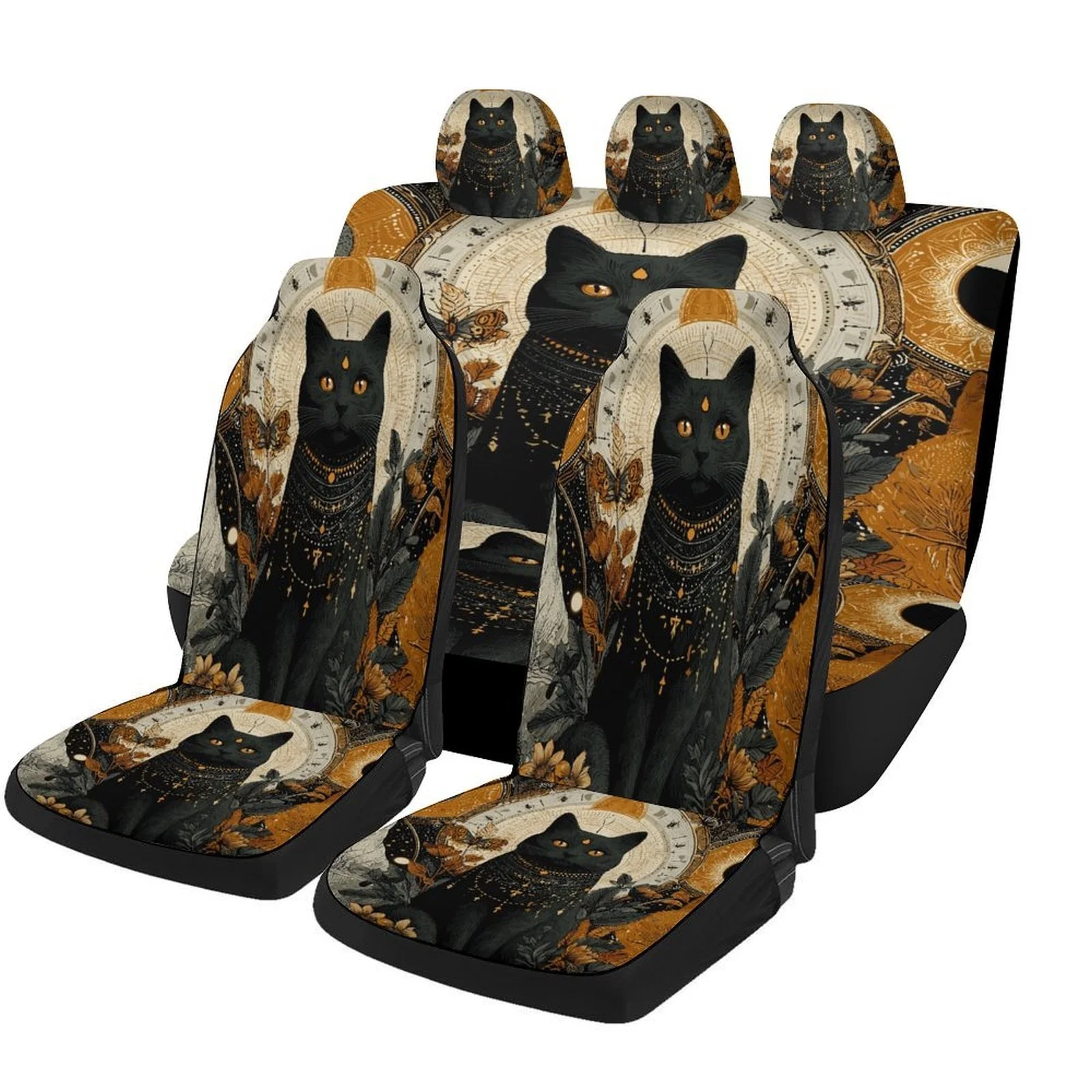 

Black Cat Mystique Designed Car Seat Cover Set For Most Cars, Trendy Novelty High-quality Car Seat Protector Covers Full Set, Un