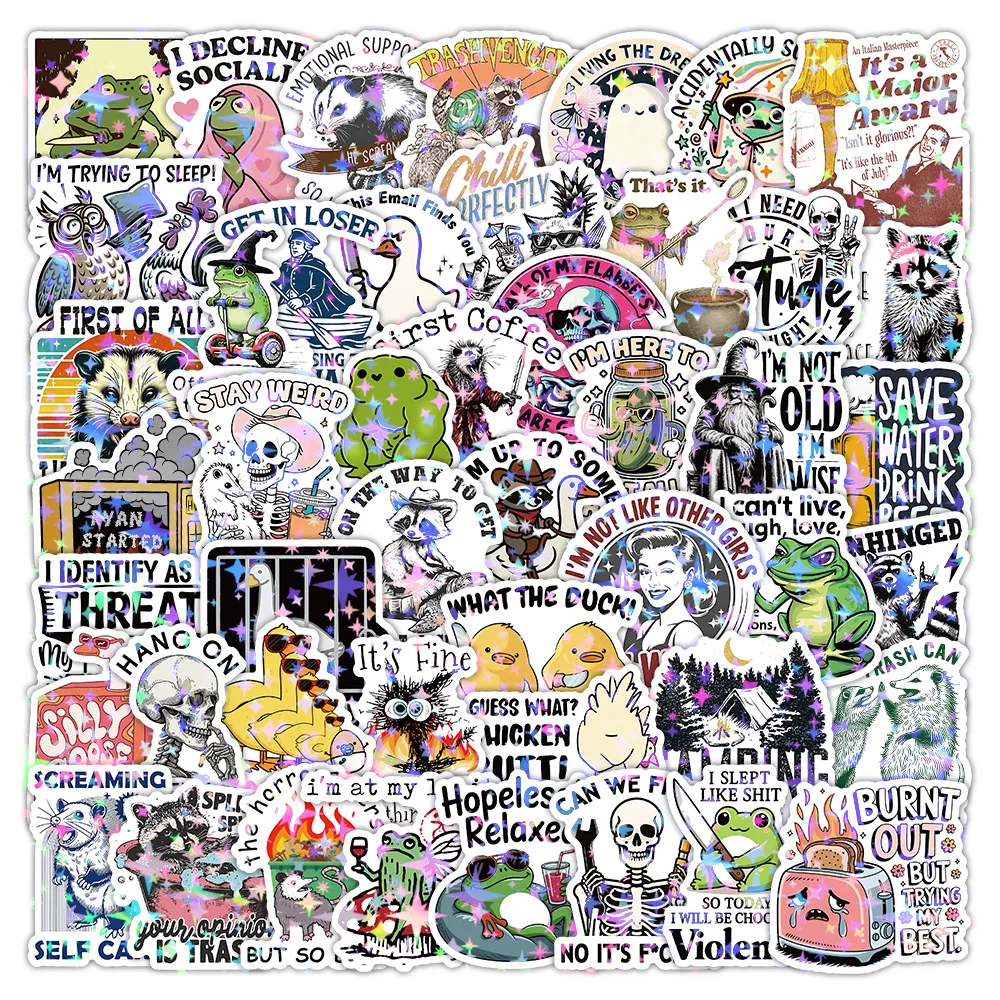 

50/100PCS Cartoon Holographic Satirical Quotes Stickers Creative Funny English Funny Graffiti Decoration DIY Stationery Sticker